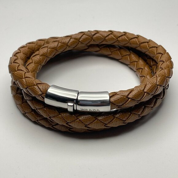 Prada Woven Saffiano Leather Triple Wrap Bracelet - Brown - Preowned - Picture 2 of 8